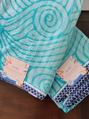 Pair Trident Turtle Tide Reversible Fouta Beach Towel 100% Cotton Sun Sand 40x72